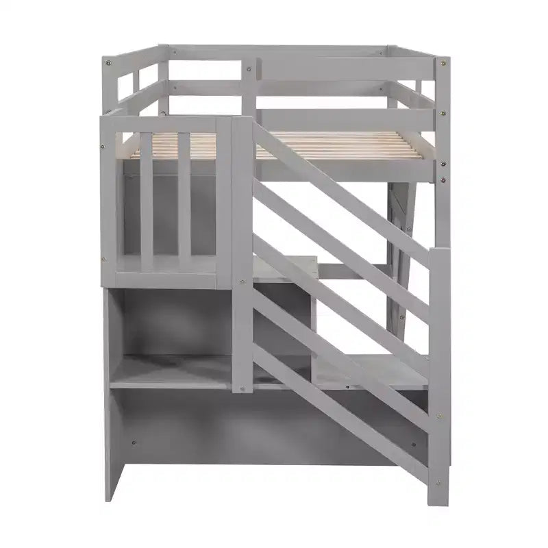Lit mezzanine double en bois avec escalier de rangement et fenêtre
