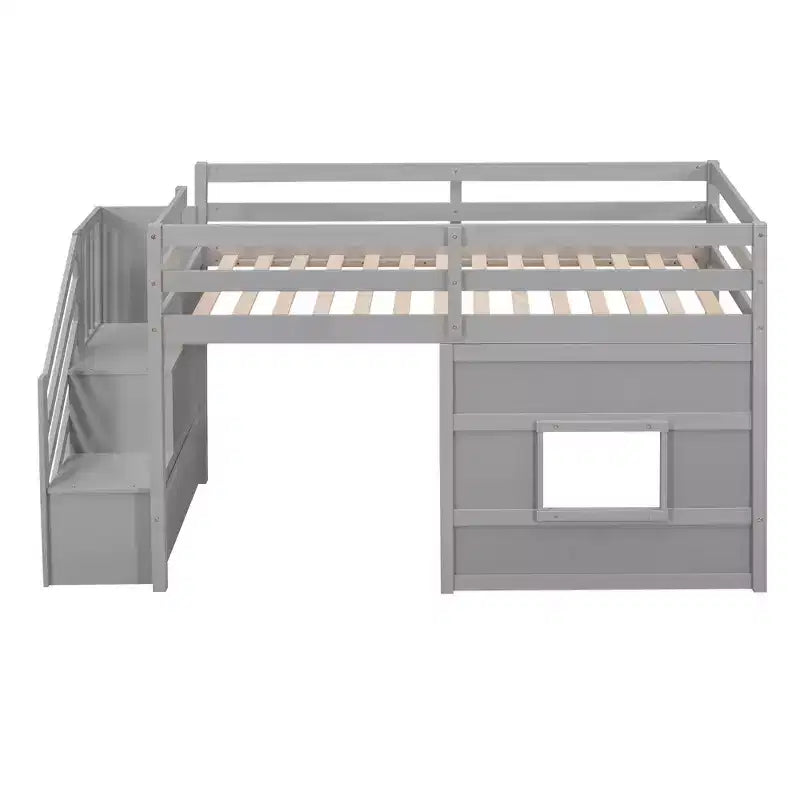 Lit mezzanine double en bois avec escalier de rangement et fenêtre