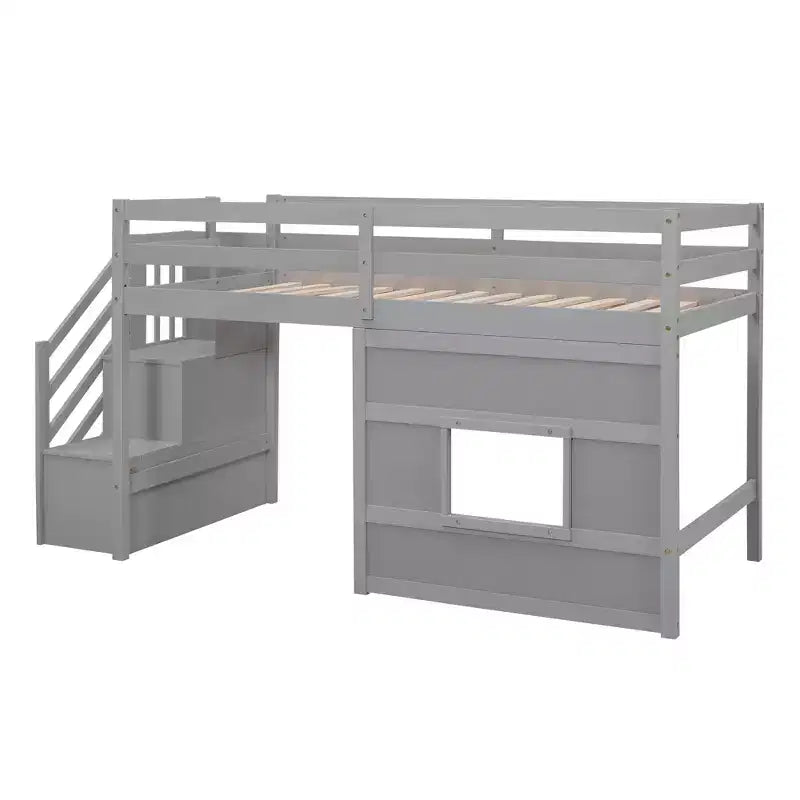 Lit mezzanine double en bois avec escalier de rangement et fenêtre
