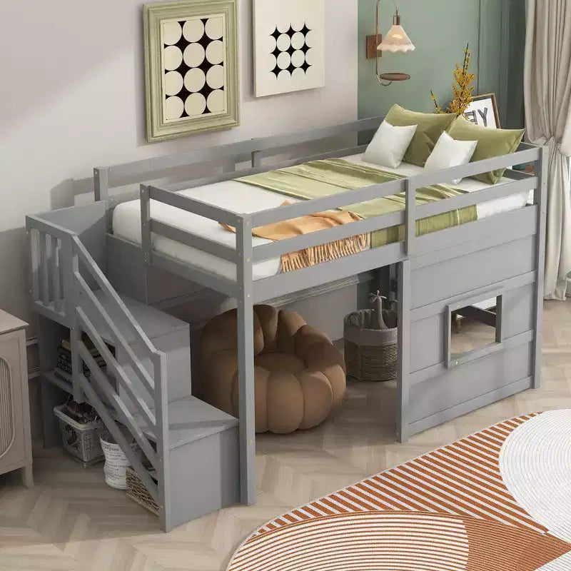 Whisen 94.8''L x 41.8''W Wood Twin Size Loft Bed with Storage Staircase and Window
