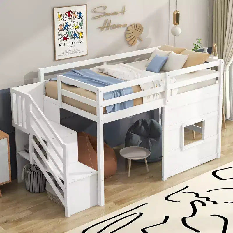 Lit mezzanine double en bois avec escalier de rangement et fenêtre