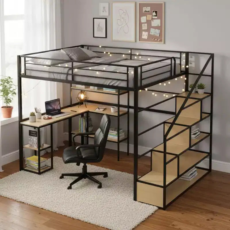 Whisen Full Size Metal Loft bed with Storage Staircase and Built-in Desk and Shelves, Modern Style - Black