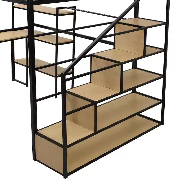 Lit mezzanine en métal pleine grandeur avec escalier de rangement, bureau intégré et étagères