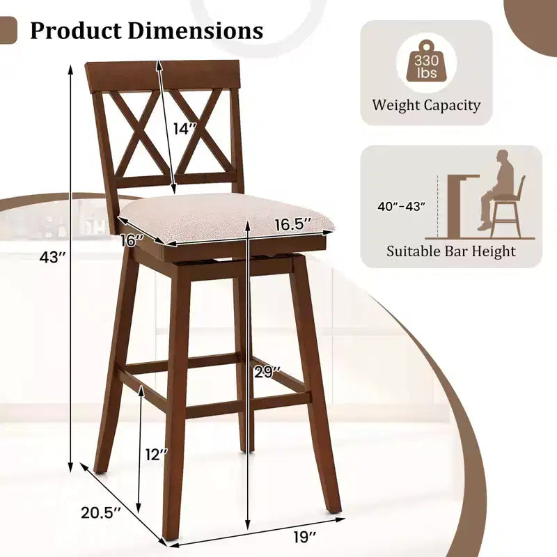 Tabouret de bar Chaise en bois avec dossier profilé Siège rembourré pivotant Chêne