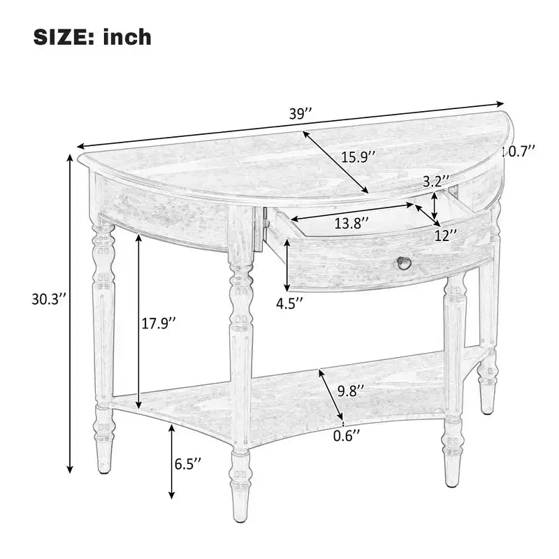 Console de Ferme Demi-Lune 39 pouces avec Tiroir et Étagère