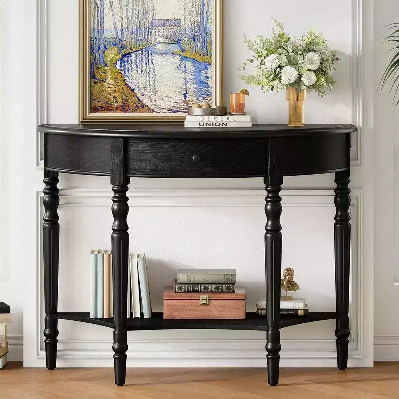 GDFStudio Malory 39 Farmhouse Half Moon Console Table with Drawer and Shelf