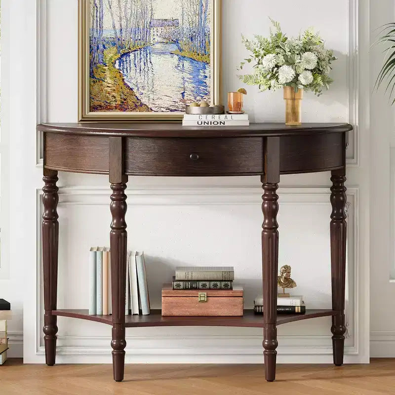 Console de Ferme Demi-Lune 39 pouces avec Tiroir et Étagère
