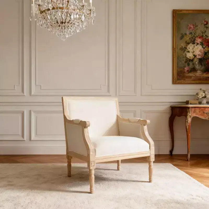 Fauteuil d'appoint français, cadre en bois traditionnel