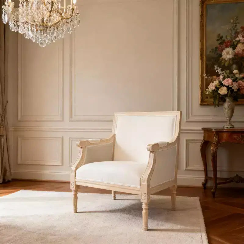 Fauteuil d'appoint français, cadre en bois traditionnel