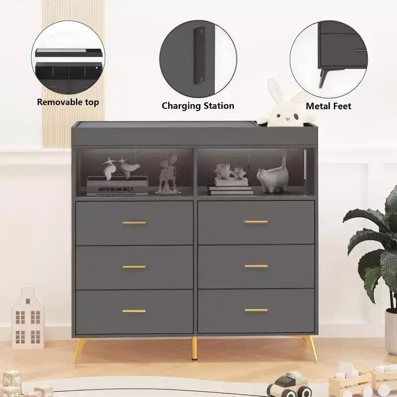 Commode à langer avec tiroirs et pieds en métal, organisateur de chambre de bébé