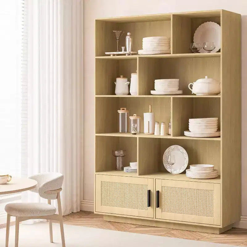 Acekool 5-Tier Bookshelf with Rattan Doors, Adjustable Shelves, Boho Wood Storage Cabinet for Living Room or Bedroom