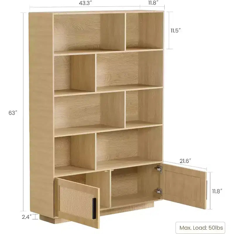 Étagère à 5 niveaux avec portes en rotin, étagères réglables, armoire de rangement bohème en bois
