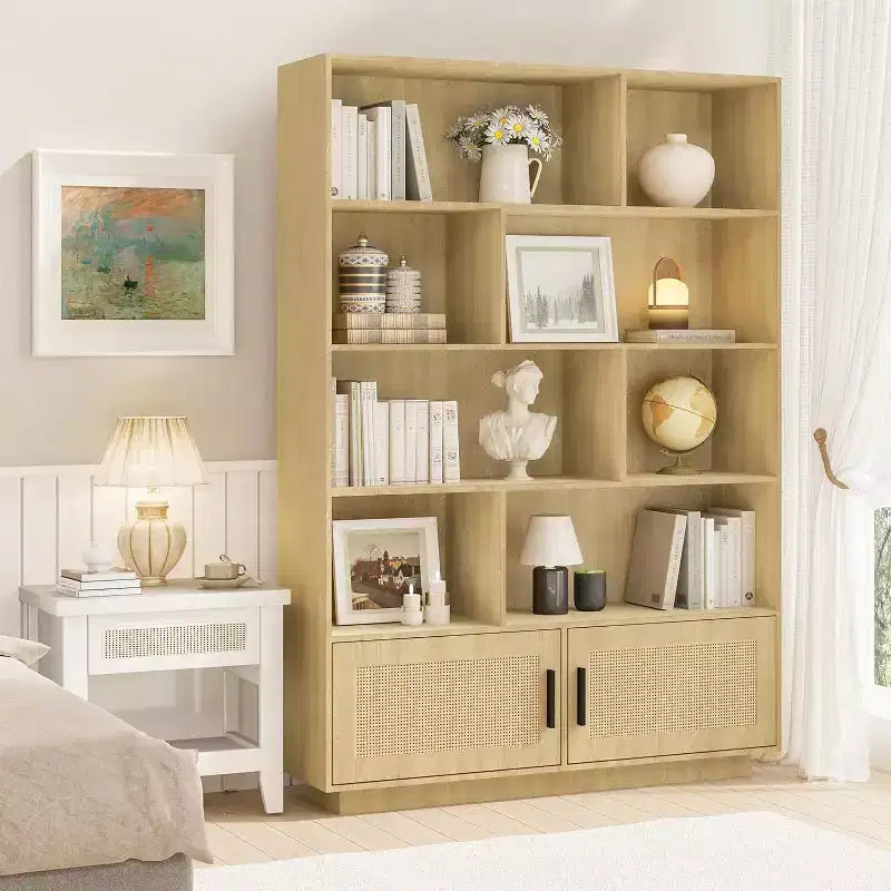 Étagère à 5 niveaux avec portes en rotin, étagères réglables, armoire de rangement bohème en bois