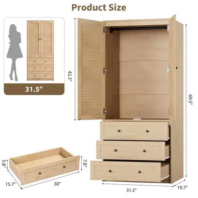 Armoire penderie avec tiroirs, armoire en bois de 176,5 cm