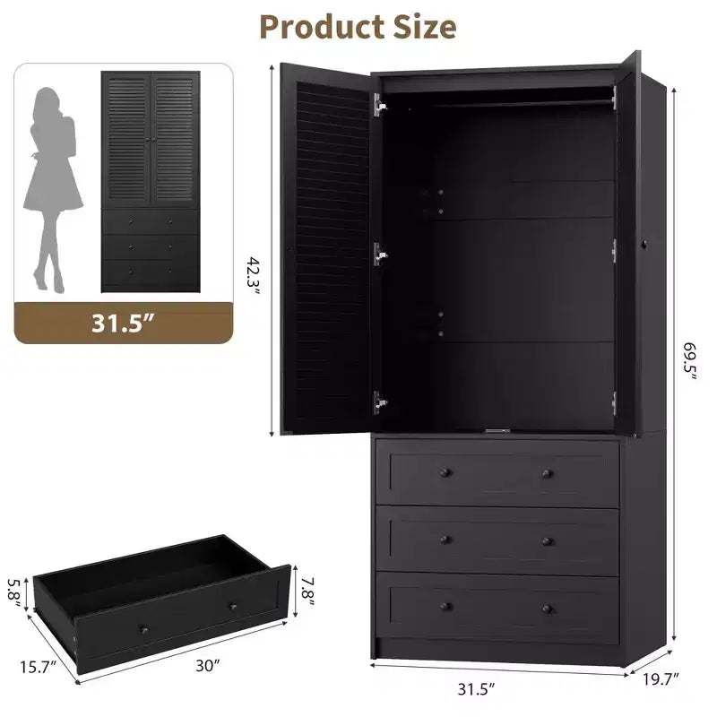 Armoire penderie avec tiroirs, armoire en bois de 176,5 cm
