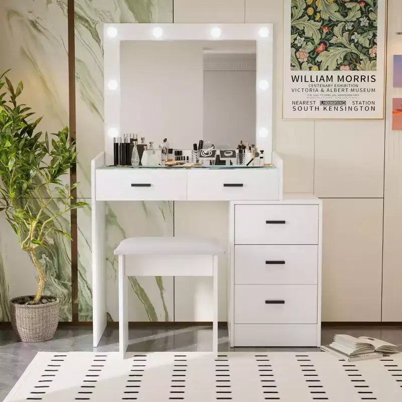 Makeup Vanity Table with Sliding Mirror &amp; 3 Lighting Modes, Dressing Desk with Stool and 5 Drawers for Bedroom