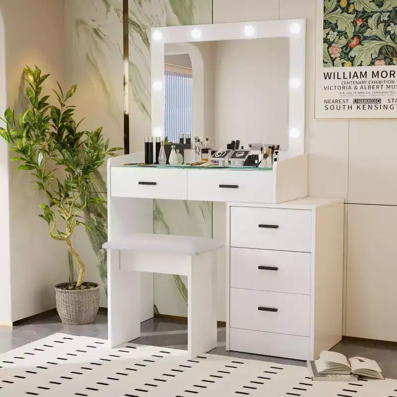 Coiffeuse avec miroir coulissant et 3 modes d'éclairage, Table de maquillage