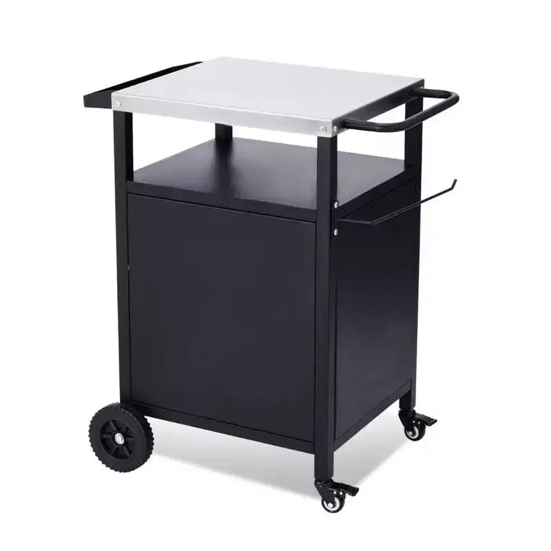 Karl Home 4-Wheel Black BBQ Cart with Stainless Steel Top, Single-Door Cabinet Grill Station