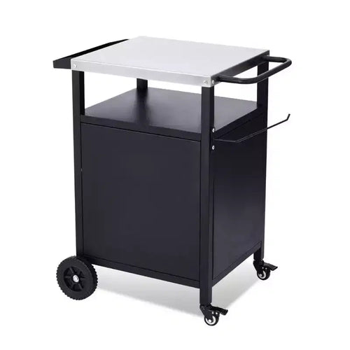 Karl Home 4-Wheel Black BBQ Cart with Stainless Steel Top, Single-Door Cabinet Grill Station