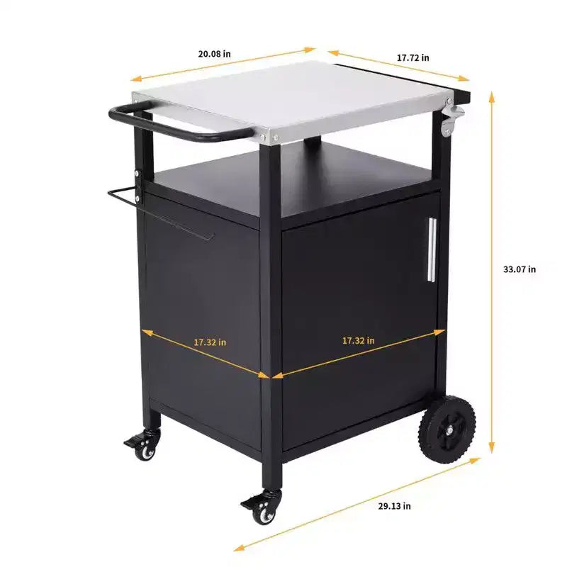 Chariot de barbecue noir à 4 roues avec plateau en acier inoxydable, station de cuisson avec armoire à porte unique