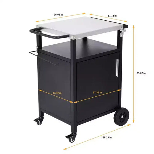 Chariot de barbecue noir à 4 roues avec plateau en acier inoxydable, station de cuisson avec armoire à porte unique
