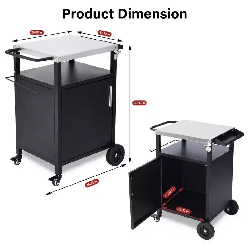 Chariot de barbecue noir à 4 roues avec plateau en acier inoxydable, station de cuisson avec armoire à porte unique