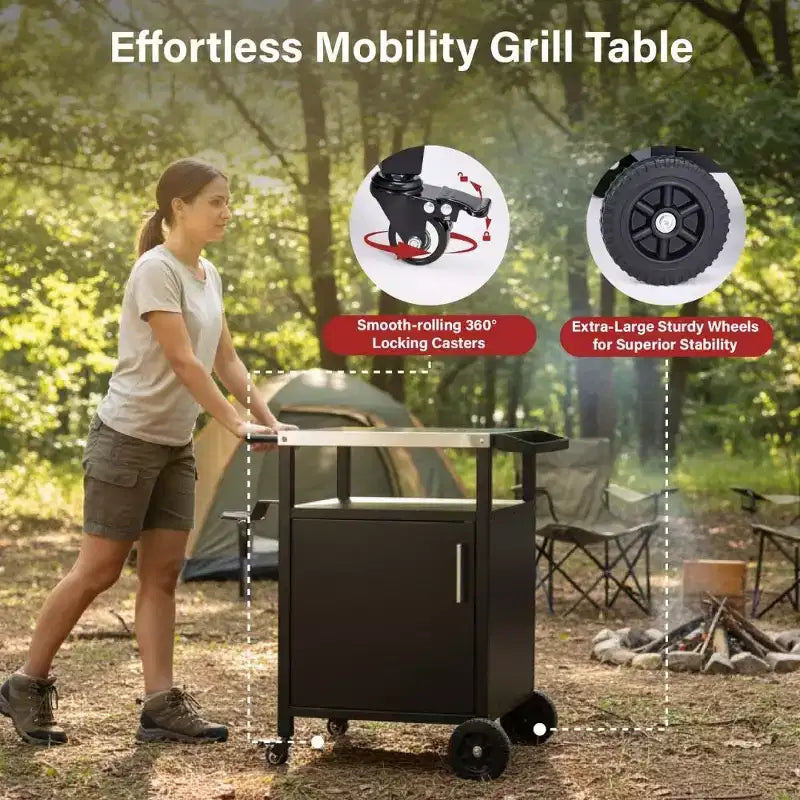 Chariot de barbecue noir à 4 roues avec plateau en acier inoxydable, station de cuisson avec armoire à porte unique