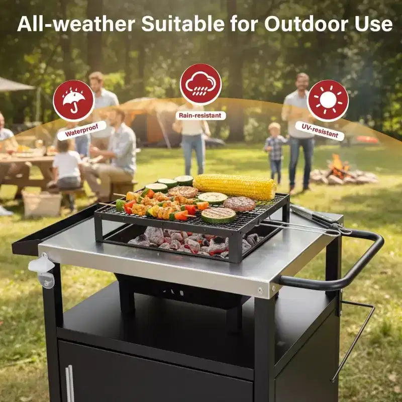 Chariot de barbecue noir à 4 roues avec plateau en acier inoxydable, station de cuisson avec armoire à porte unique
