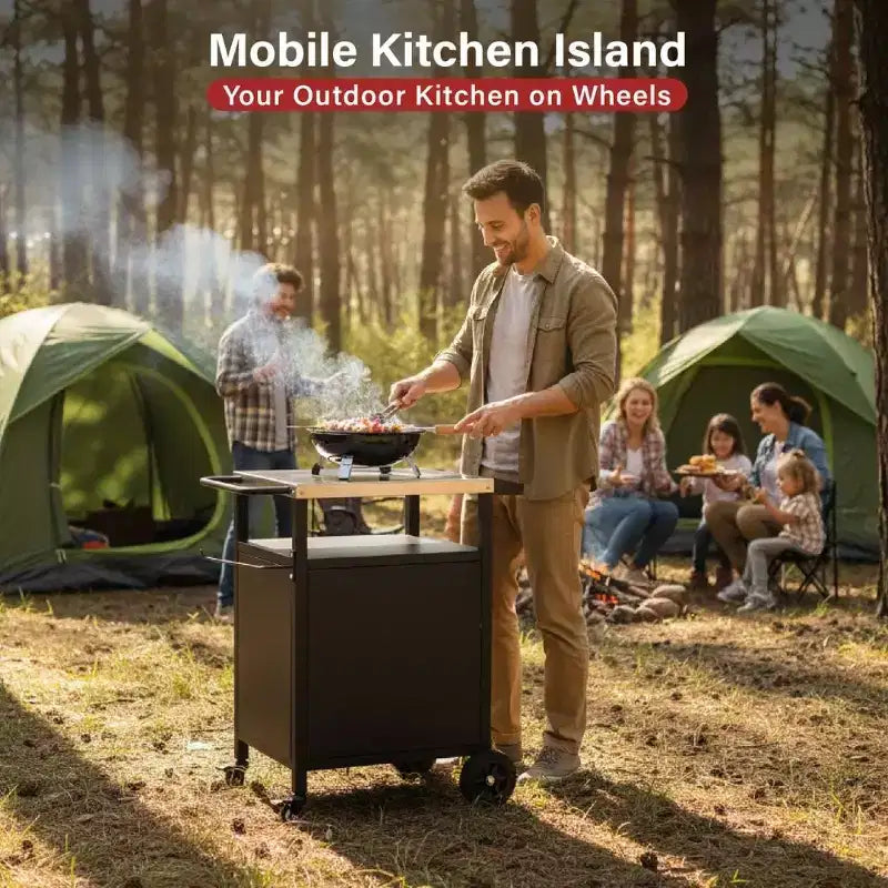 Chariot de barbecue noir à 4 roues avec plateau en acier inoxydable, station de cuisson avec armoire à porte unique
