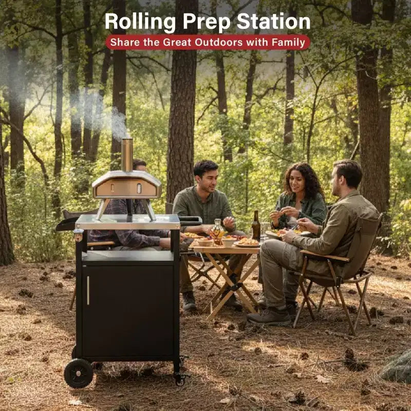 Chariot de barbecue noir à 4 roues avec plateau en acier inoxydable, station de cuisson avec armoire à porte unique
