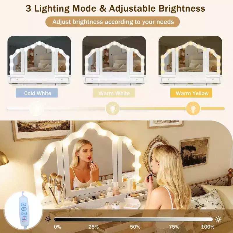Coiffeuse avec miroir triptyque, 3 modes d'éclairage et grande station de recharge, Blanc