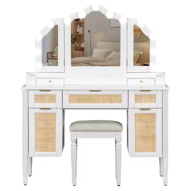 Coiffeuse avec miroir triptyque, 3 modes d'éclairage et grande station de recharge, Blanc