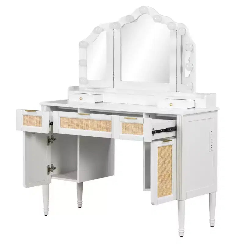 Coiffeuse avec miroir triptyque, 3 modes d'éclairage et grande station de recharge, Blanc