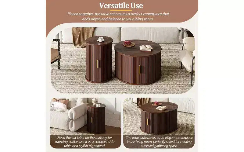 Table basse imitation bois avec porte à tambour cannelée et rangement