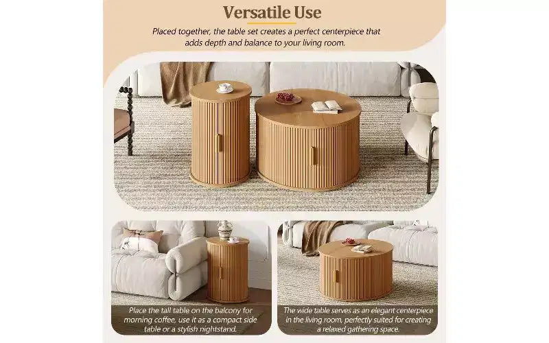 Table basse imitation bois avec porte à tambour cannelée et rangement