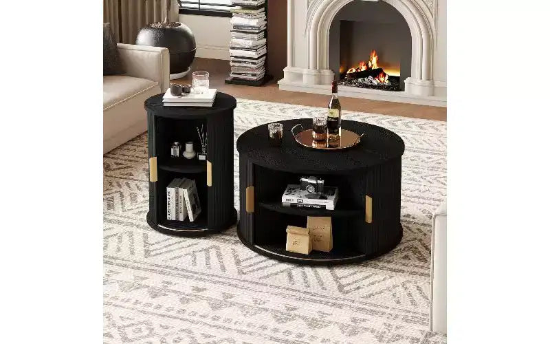 Table basse imitation bois avec porte à tambour cannelée et rangement