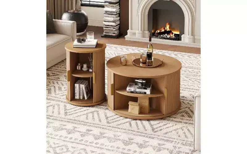 TUYOHW 2-Piece Wood-Grain Coffee Table Set, Fluted Tambour Door Storage Center Table, Round Fluted End Table,Tall &amp; Low Side Table with Wooden Finish