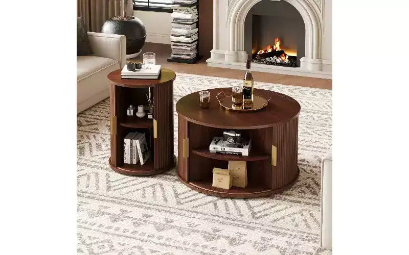 Table basse imitation bois avec porte à tambour cannelée et rangement