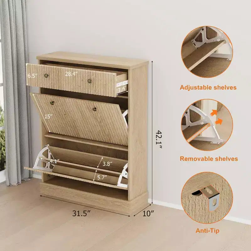 Meuble à chaussures cannelé avec 2 tiroirs basculants Meuble de rangement à chaussures en bois au profil incurvé