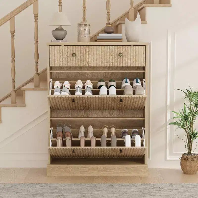 Meuble à chaussures cannelé avec 2 tiroirs basculants Meuble de rangement à chaussures en bois au profil incurvé