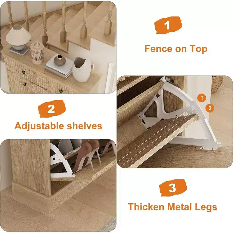 Meuble à chaussures cannelé avec 2 tiroirs basculants Meuble de rangement à chaussures en bois au profil incurvé