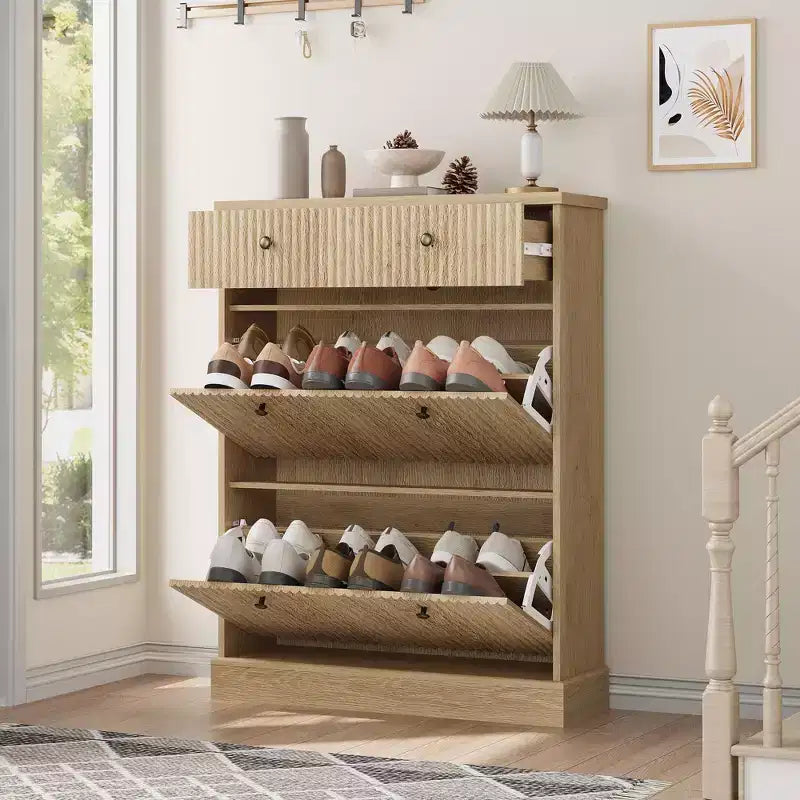 Meuble à chaussures cannelé avec 2 tiroirs basculants Meuble de rangement à chaussures en bois au profil incurvé