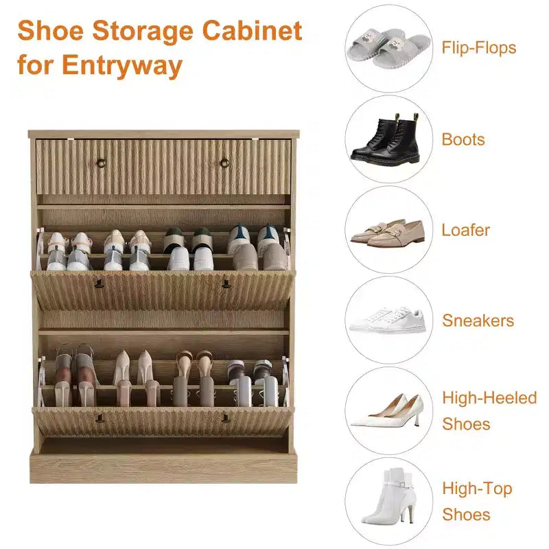 Meuble à chaussures cannelé avec 2 tiroirs basculants Meuble de rangement à chaussures en bois au profil incurvé