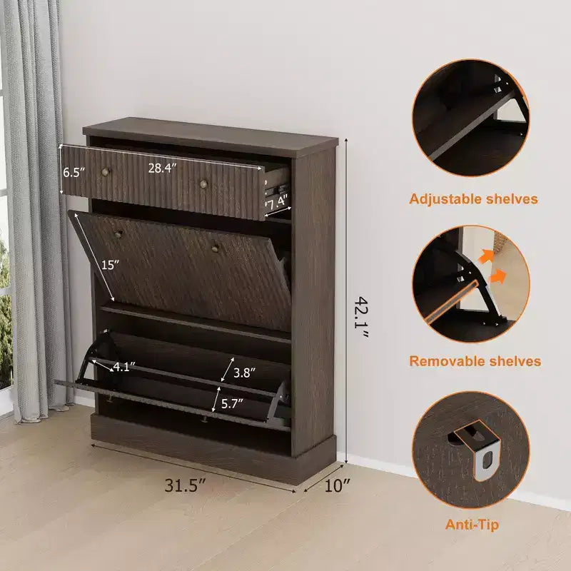 Meuble à chaussures cannelé avec 2 tiroirs basculants Meuble de rangement à chaussures en bois au profil incurvé