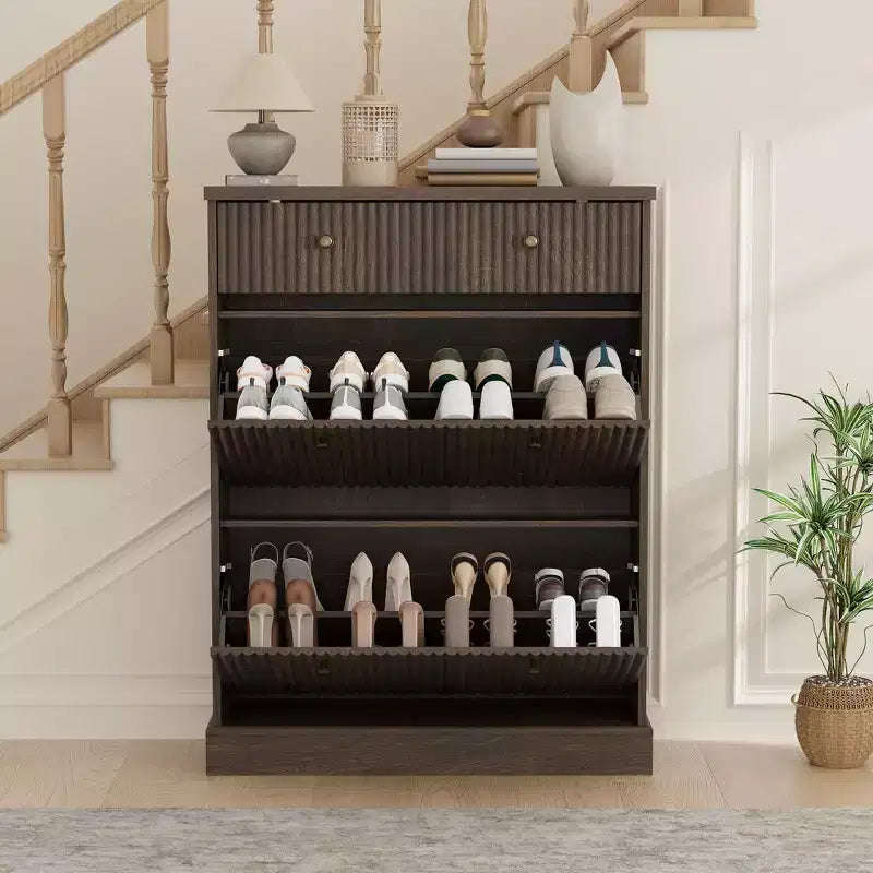 Meuble à chaussures cannelé avec 2 tiroirs basculants Meuble de rangement à chaussures en bois au profil incurvé
