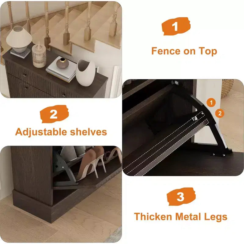 Meuble à chaussures cannelé avec 2 tiroirs basculants Meuble de rangement à chaussures en bois au profil incurvé