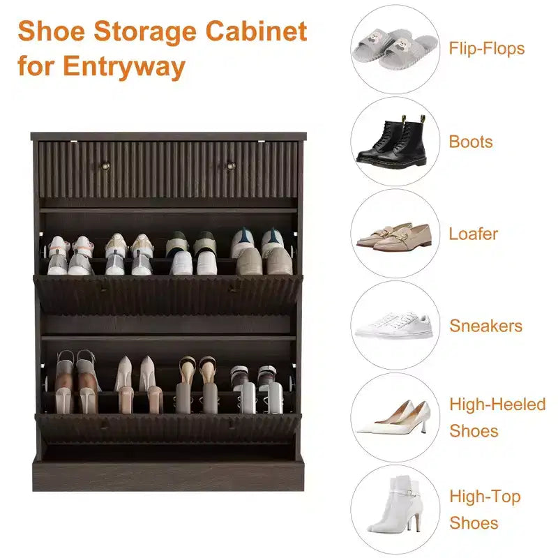 Meuble à chaussures cannelé avec 2 tiroirs basculants Meuble de rangement à chaussures en bois au profil incurvé