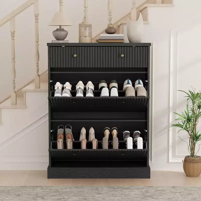 Meuble à chaussures cannelé avec 2 tiroirs basculants Meuble de rangement à chaussures en bois au profil incurvé