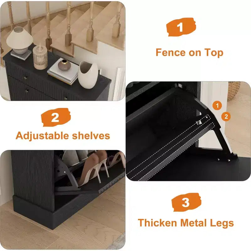 Meuble à chaussures cannelé avec 2 tiroirs basculants Meuble de rangement à chaussures en bois au profil incurvé