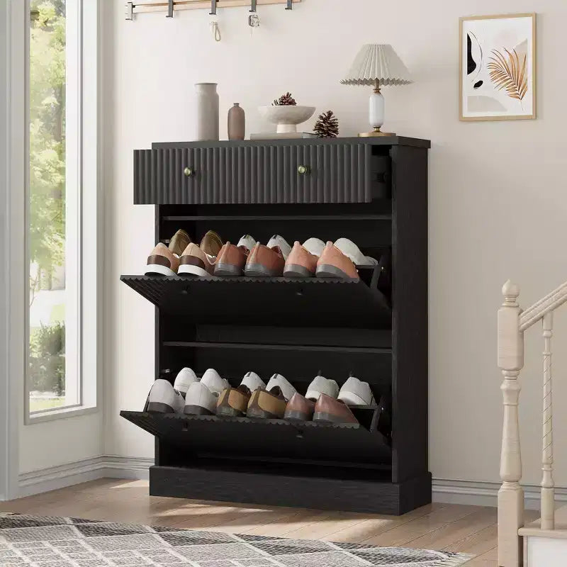 Meuble à chaussures cannelé avec 2 tiroirs basculants Meuble de rangement à chaussures en bois au profil incurvé